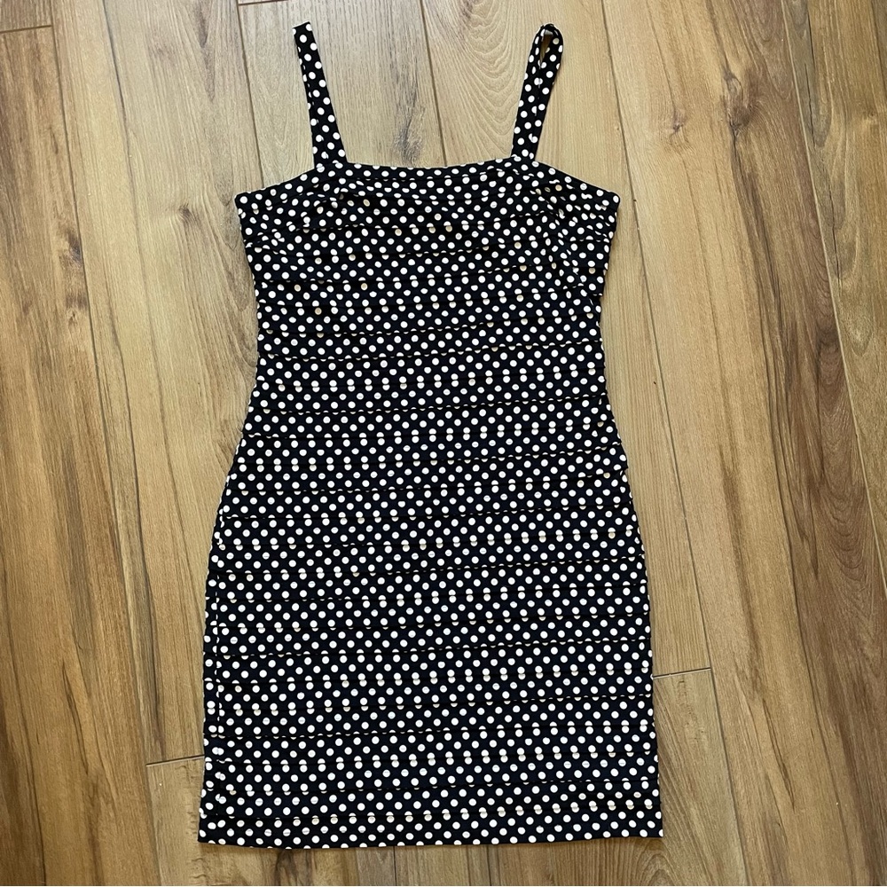 Sandra Darren black & white polka dot sleeveless stretchy fitted sheath Dress 14